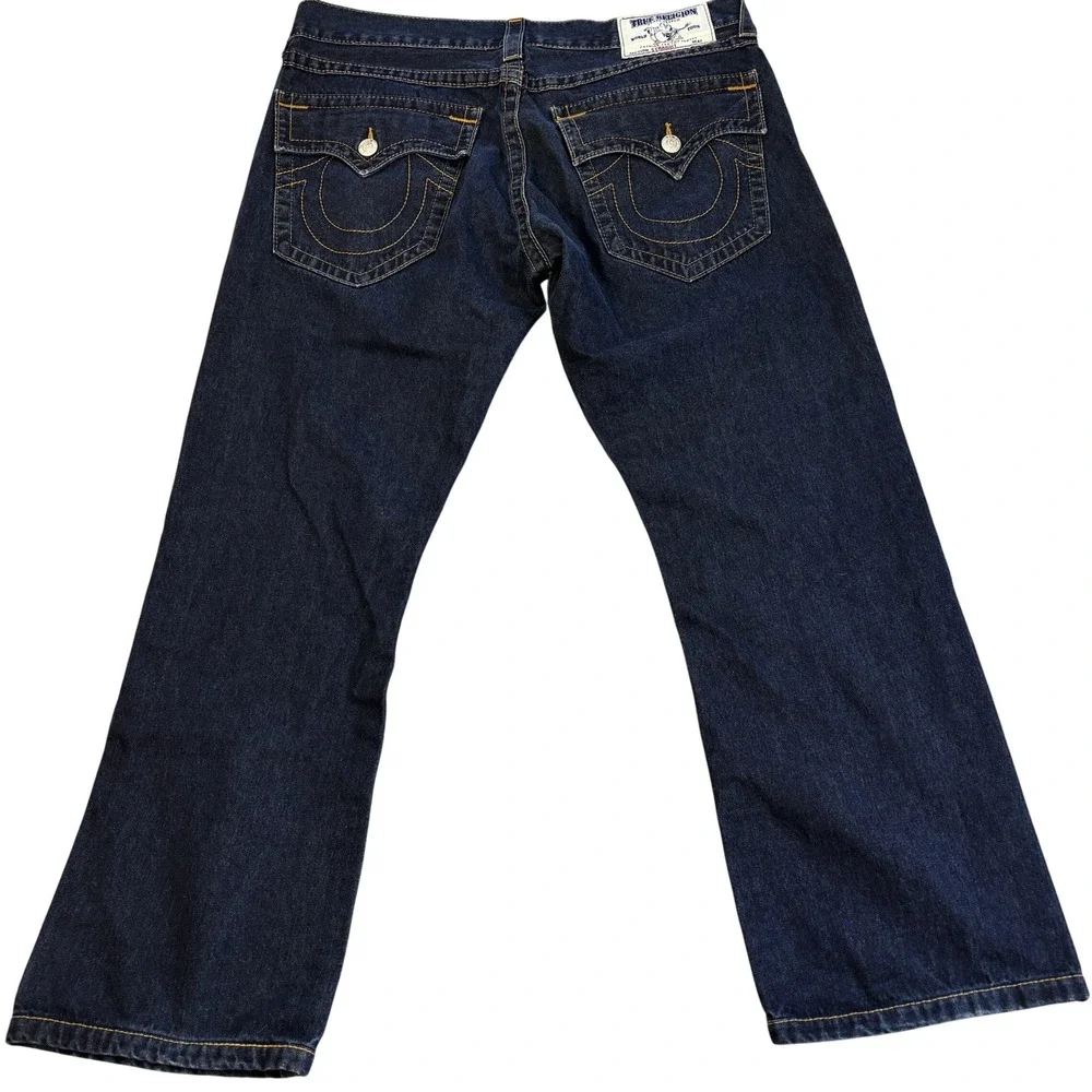 True Religion Straight Leg Jeans Mens 36 Dark Wash Denim Flap Pocket Indigo Y2K